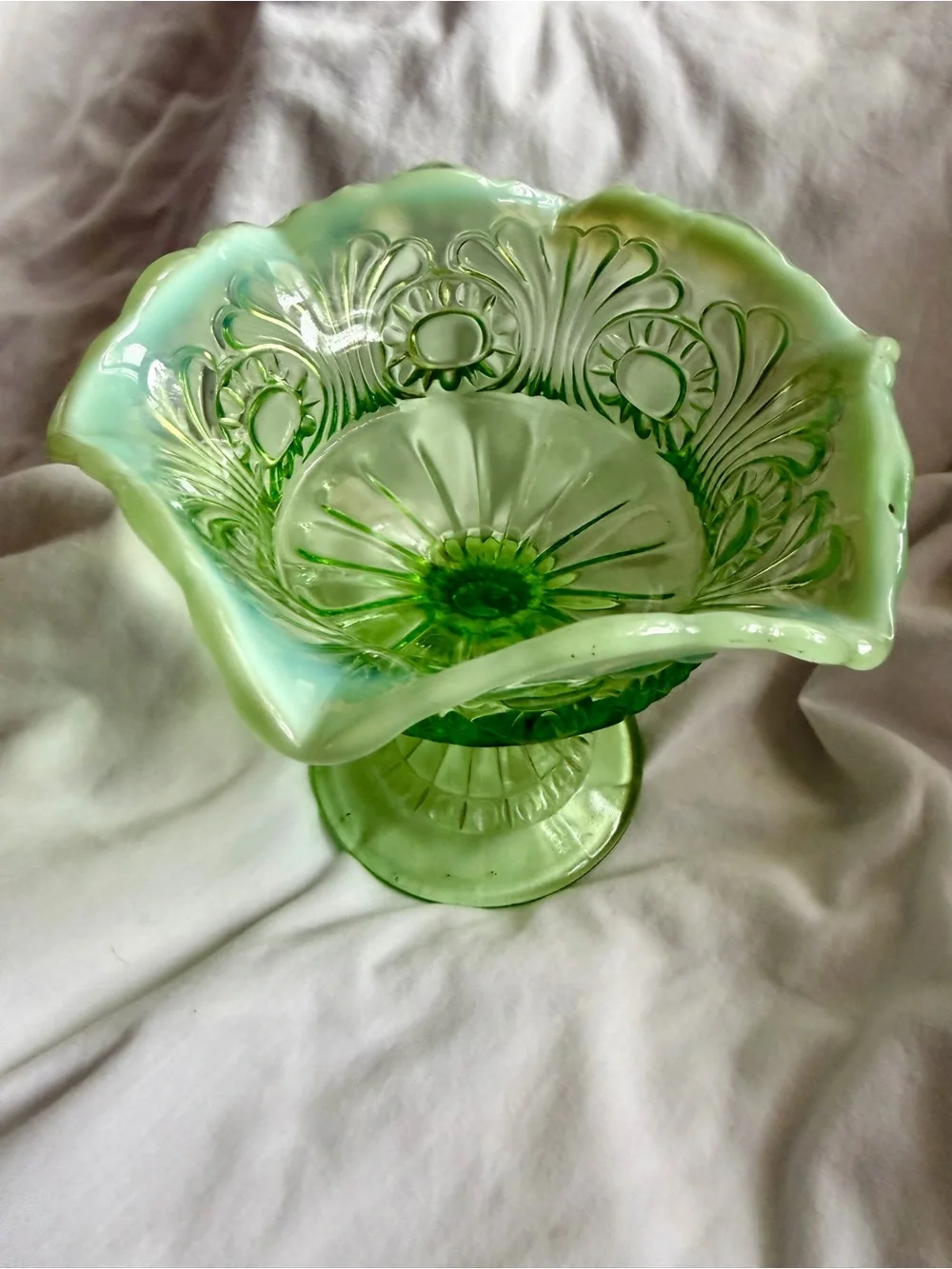 Green opalescent compote dish Northwood By the Glass Company.